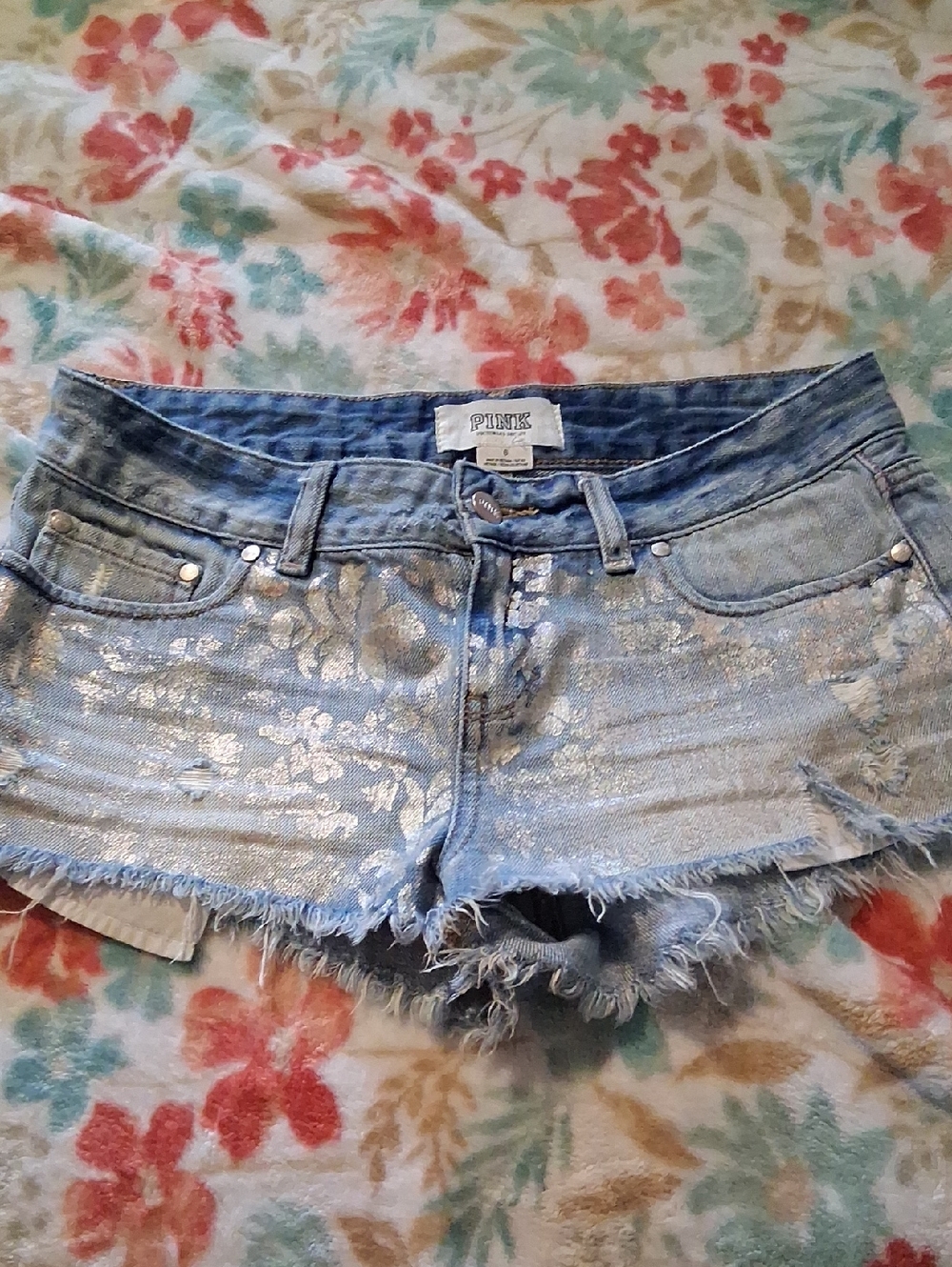 PINK Victoria's Secret Light Blue Denim Shorts with Silver Floral Accent